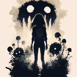 a dark figure walking through a field with glowing eyes
