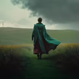 a person walks towards a field under a cloudy sky