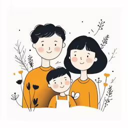 a family standing in front of some flowers