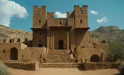 an adobe castle like building in the middle of nowhere