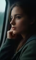 a woman staring out the window of a plane