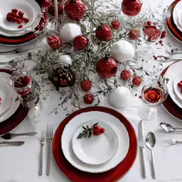 the table is set with red and white dishes
