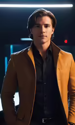a man in a black shirt and brown blazer