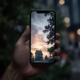 a man holding up a smart phone with the sky reflected in the screen