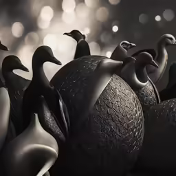 several black and white birds that are standing in the dark