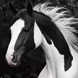 a black and white horse stands with its head in the wind