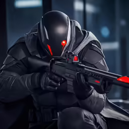 a man in black with a gun in his hands