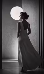 black and white photo of woman in long dress
