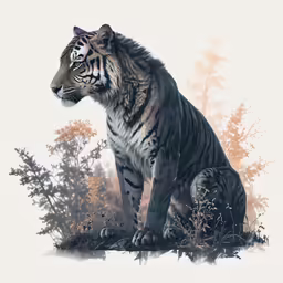 a tiger sitting next to another in front of some brush