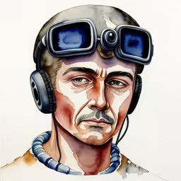 a portrait of a man with headphones and a halo of smoke,a painting of a man with headphones and glasses