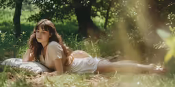 a girl laying in the grass next to trees