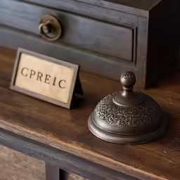 an antique drawer with a wooden handle and a plaque reading grief