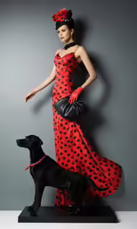 a lady in a red dress with a black dog
