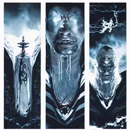 an illustration of three different faces with dripping blood