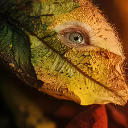 the green leaf has an open eye, with water splashing from its leaves