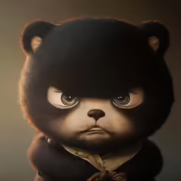a grumpy teddy bear wearing a bowtie and with big eyes