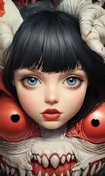 an illustration of a young woman with big eyes and large teeth