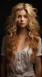 a woman with long hair and blonde locks, posing,a girl with long blond hair, in a white shirt and dark background