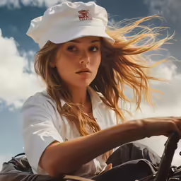 a beautiful young woman in a hat leaning on the steering wheel