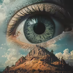 an eye with the reflection of a fairy flying over the top of a mountain