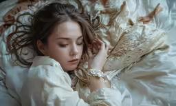 a woman that is laying down with her head in the pillows