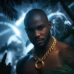 a man in the midst of a jungle with his shirt open wearing a gold plated necklace and holding a finger up