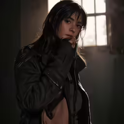 a woman in a leather jacket standing in front of window