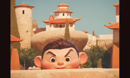 a kid peeking out from behind a stone wall