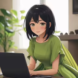 a woman sitting at a table with a laptop in front of her