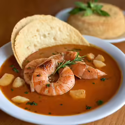 a plate of shrimp and potato soup with a tortilla on the side