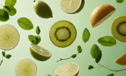 a collection of fruits cut in half, and lime leaves, arranged over green background