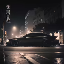 a night scene of a car driving on the road