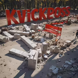 the bench is surrounded by rubble in this abandoned parking lot