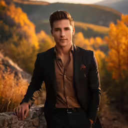 a young man standing next to a rock wall