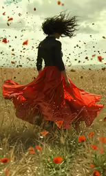 a woman is walking through a field of flowers