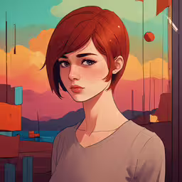 a woman standing in front of a sunset,an animated illustration of a young girl with a face half obscured by bright colored paper and clouds
