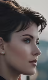 the woman has very short hair and blue eyes