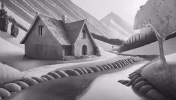 a black and white photo of some houses and trees