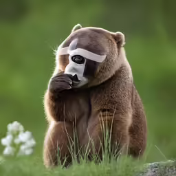 a stuffed bear with a face mask, sitting on the ground