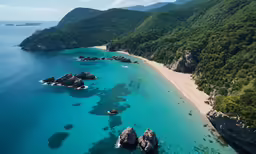 aerial view of a beautiful beach surrounded by mountains