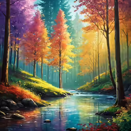 a painting shows a stream in the woods