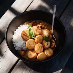 a bowl filled with rice and meat covered in sauce