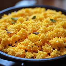 a pan filled with yellow food covered in spices