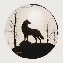a wolf is silhouetted against a setting sun