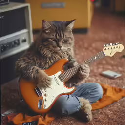 a cat playing with a guitar on a carpet