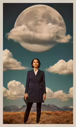 the woman stands with her hand on her hip in front of a cloud