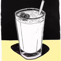 a drawing of a beverage next to a bottle of liquor