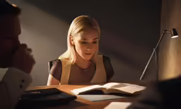 woman reading at desk with light shining on her