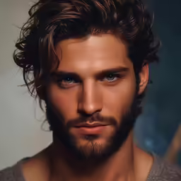 a close up of a male with long hair and blue eyes