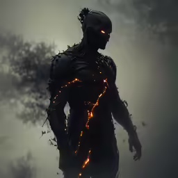 a man in the middle of dark night holding his arm out with fire inside
